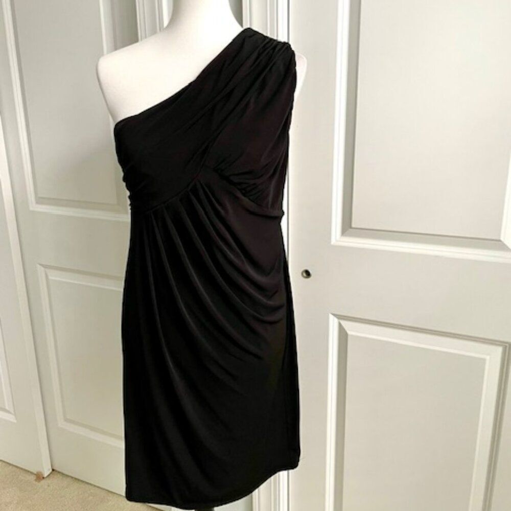 Ellen Tracy Black Stretchy One Shoulder Draped Cocktail Dress Size 12